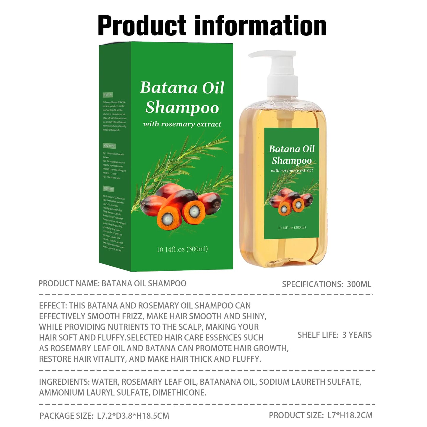 Hair Growth Shampoo 300ml - Batana Oil & Rosemary for Frizz Control, Breakage Prevention & Scalp Nourishment
